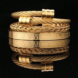 Gold Plated Stainless Steel 3pc Cable & Roman Numeral Bracelet Set